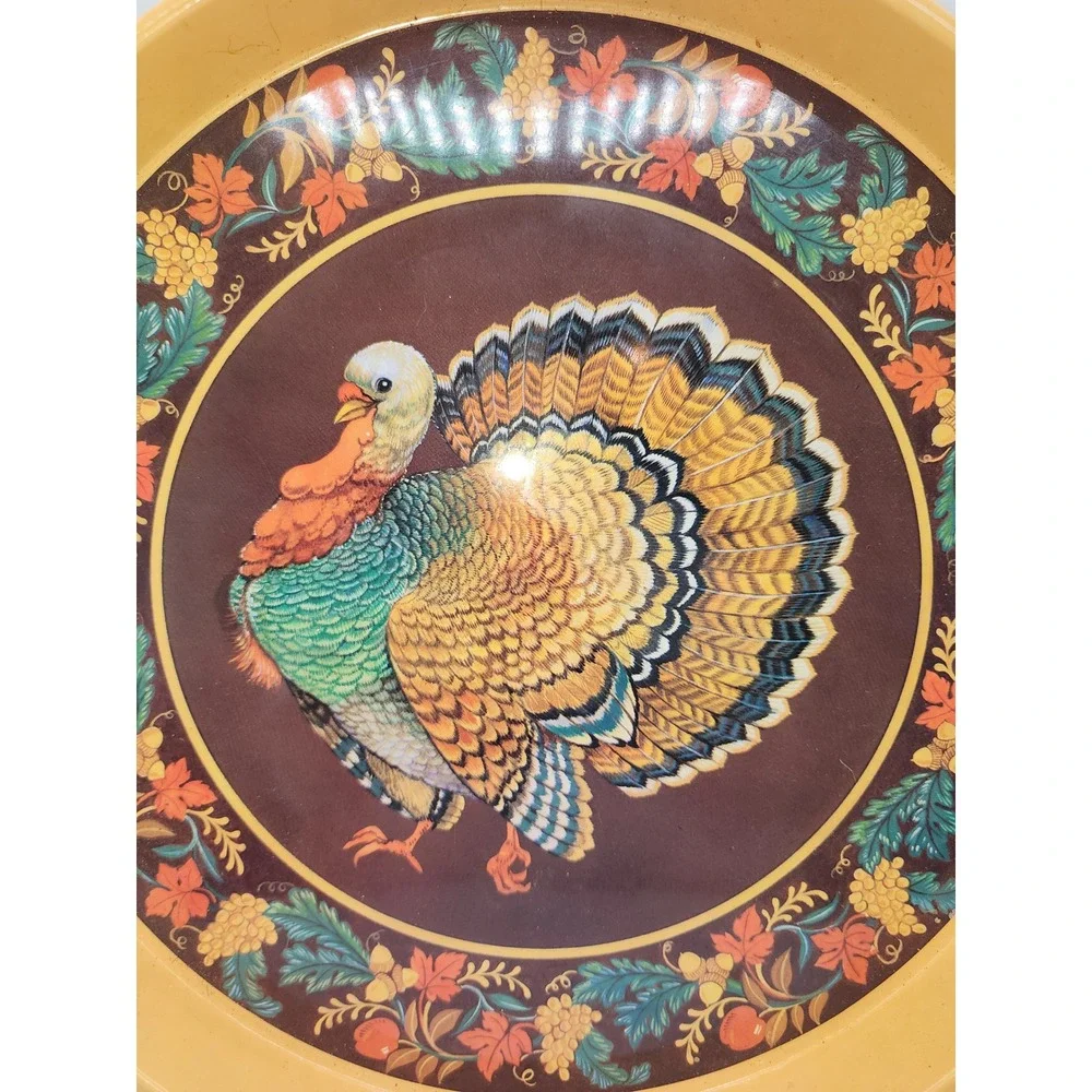 Vintage Thanksgiving Turkey Metal Serving Tray Round Tin Fall Harvest Decor 13